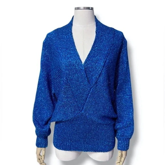 LILLIE RUBIN Metallic Blue Deep V Neck Sweater Dolman Sleeves VINTAGE